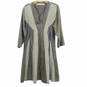 Cynthia Ashby Dress Grey‎ Linen Striped Lagenlook V-Neck Pocket